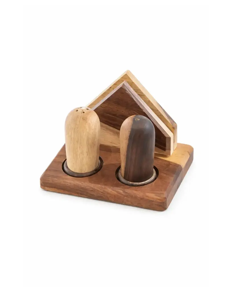 Wooden Salt & Pepper Set with Napkin Holder